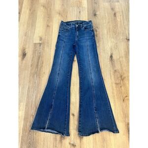 American Eagle Next Level Stretch Front Seam Slit Hem Flare Jeans Blue Size 2R